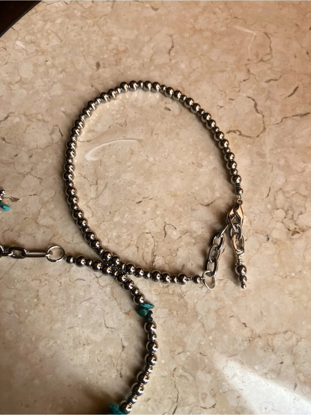 Stainless Steel Bead Bracelet Set with Turquoise Accent - Navajo Pearl Style - Picture 4 of 5